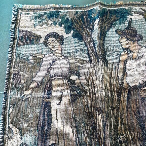 VTG French Needlepoint Tapestry Pillow Fabric Courting Couple Farm Country 12x12 - Picture 3 of 7